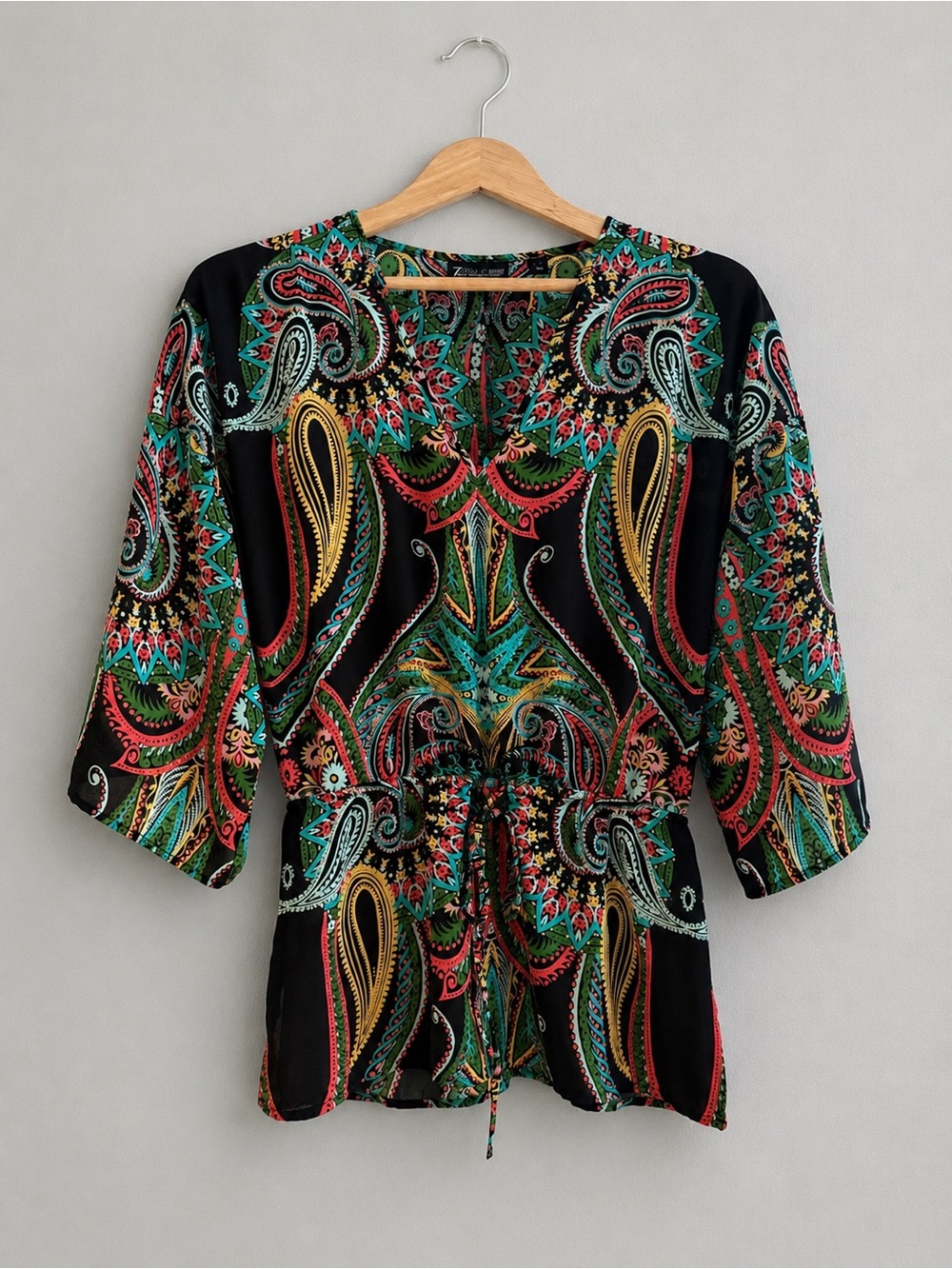 7th Avenue Design Studio Women’s Paisley Blouse Size S Tie Waist 3/4 Sleev